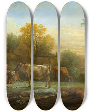 Triptych art skateboard deck of Paulus Potter Cattle In A Meadow by Paulus Potter (1625-1654)