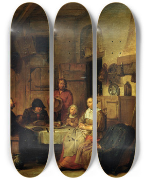 Triptych art skateboard deck of Egbert Van Heemskerck A Family Praying At The Midday Meal by Egbert Van Heemskerck (1634-1704)