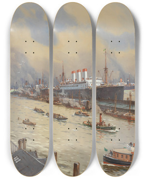 Triptych art skateboard deck of Willy Stwer Hamburger Hafen Mit Der Cap Polonio Und Der Kehrwiederspitze by Willy Stower (1864-1931)