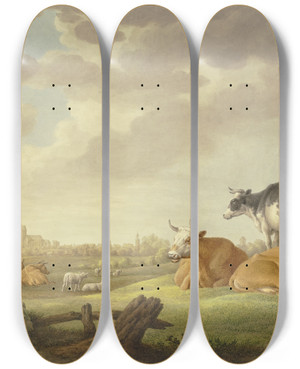 Triptych art skateboard deck of Aelbert Cuyp Auf Einer Wiese Khe Und Schafe In Der Ferne Eine Stadt Links Eine Melkerin by Aelbert Cuyp (1620-1691)