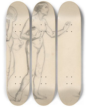 Triptych art skateboard deck of Jzef Simmler Study Of Female Nudes To Figures Of Three Marys For The Painting Three Marys by Jozef Simmler (1823-1868)