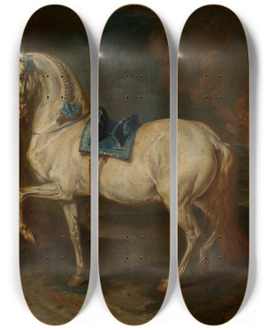 Triptych art skateboard deck of Johann Elias Ridinger Stallmeister Mit Schimmel by Johann Elias Ridinger (1698-1767)