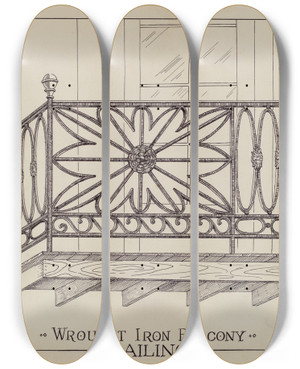 Triptych art skateboard deck of Arelia Arbo Iron Balcony Railings by Arelia Arbo