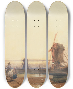 Triptych art skateboard deck of Thomas Shotter Boys Landscape With Windmills by Thomas Shotter Boys (1803-1874)