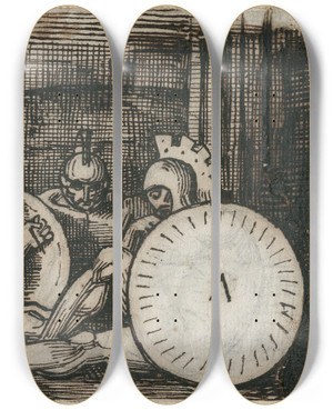 Triptych art skateboard deck of David Humbert De Superville Groep Zittende Krijgers Met Klassieke Wapenrusting by David Humbert De Superville (1770-1849)