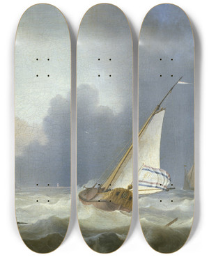 Triptych art skateboard deck of Ludolf Bakhuysen Rough Sea With A Dutch Yacht by Ludolf Backhuysen (1630-1708)