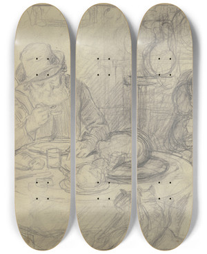 Triptych art skateboard deck of Otto Scholderer Mann Am Esstisch Mit Kind Und Katze by Otto Scholderer (1834-1902)