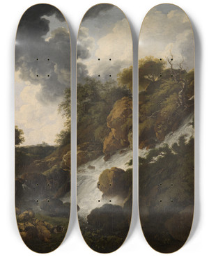 Triptych art skateboard deck of Ferdinand Kobell Gebirgslandschaft Mit Wasserfall by Ferdinand Kobell (1740-1799)