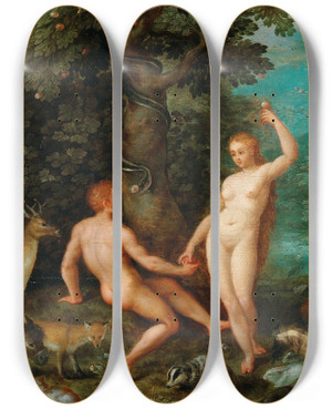 Triptych art skateboard deck of Jan Brueghel The Elder The Temptation Of Adam In Paradise by Jan Brueghel The Elder (1568-1625)