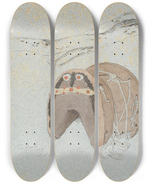 Triptych art skateboard deck of Johan Thomas Lundbye Stamme Af Et Oliventr Og En Paksaddel by Johan Thomas Lundbye (1818-1848)