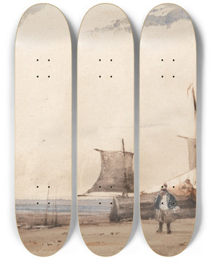 Triptych art skateboard deck of Richard Parkes Bonington Beach Scene by Richard Parkes Bonington (1802-1828)