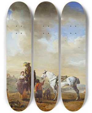 Triptych art skateboard deck of Philips Wouwerman By The Riverside by Philips Wouwerman (1619-1668)