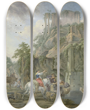 Triptych art skateboard deck of Johann Albrecht Friedrich Rauscher Hirten An Einem Rmischen Brunnen by Johann Albrecht Friedrich Rauscher (1754-1808)