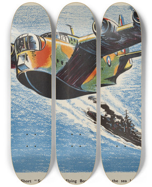 Triptych art skateboard deck of Roland Davies A British Short Sunderland Flying Boat Patrolling The Sea Lanes by Roland Davies (1904-1993)