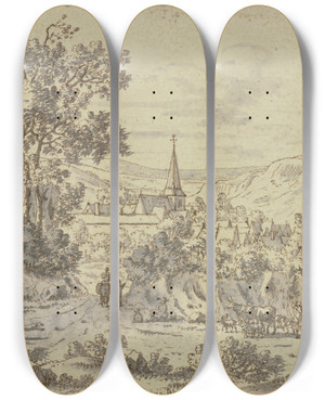 Triptych art skateboard deck of Josua De Grave Landschaft Mit Dorf Im Vordergrund Reiter Und Eine Viehherde Mit Hirte by Josua de Grave (1643-1712)