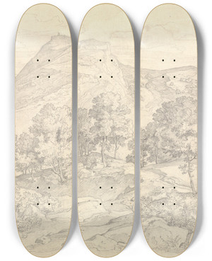 Triptych art skateboard deck of Heinrich Reinhold A View Of Civitella From The Serpentara Next To Olevano by Heinrich Reinhold (1788-1825)
