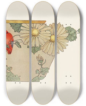 Triptych art skateboard deck of Henrietta Barclay Paist Red Bird Flowers by Henrietta Barclay Paist (1870-1930)