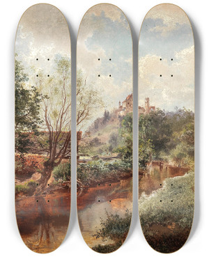 Triptych art skateboard deck of Jozsef Von Molnar A Summer Day By The River by Jozsef Von Molnar (1821-1899)