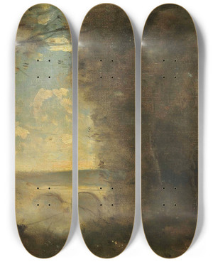 Triptych art skateboard deck of Jeanbaptistecamille Corot Un Pcheur La Ligne Souvenir Du Pont De Mantes by Jean-Baptiste-Camille Corot (1796-1875)