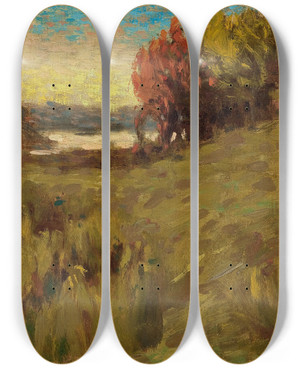 Triptych art skateboard deck of Eanger Irving Couse Landscape At Dawn by Eanger Irving Couse (1866-1936)