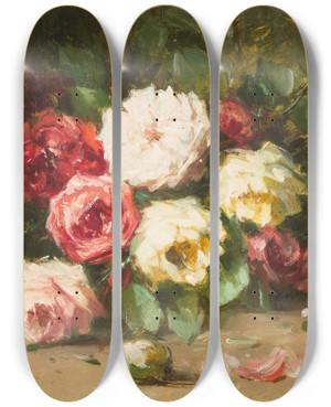 Triptych art skateboard deck of Hubert Bellis Rose Still Life by Hubert Bellis (1831-1902)