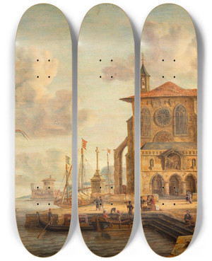 Triptych art skateboard deck of Abraham Storck Harbour Scene With Medieval Building by Abraham Storck (1644-1708)