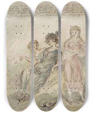 Triptych art skateboard deck of Alexander Ver Huell Landschap Met Vier Meisjes En Een Jongen by Alexander Ver Huell (1822-1897)