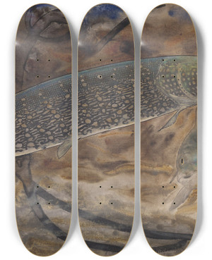 Triptych art skateboard deck of Gerrit Willem Dijsselhof Twee Snoeken In Een Aquarium Van Opzij En Van Voren Gezien by Gerrit Willem Dijsselhof (1866-1924)