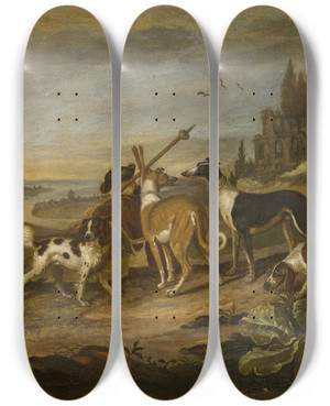 Triptych art skateboard deck of Adriaen Cornelisz Beeldemaker Gundogs Against Landscape by Adriaen Cornelisz Beeldemaker (1618-1709)