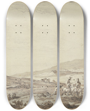 Triptych art skateboard deck of Nicolaes Pietersz Berchem Hgelige Gegend Rechts Hirte Und Hirtin Auf Eseln Reitend Mit Vieh by Nicolaes Pietersz Berchem (1620-1683)