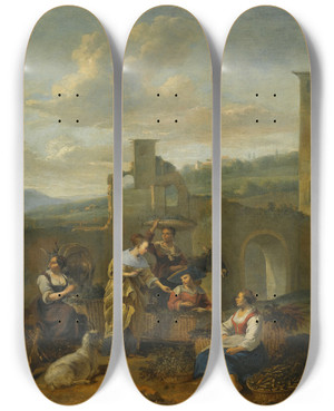Triptych art skateboard deck of Hendrick Mommers An Italianate Landscape With Vegetable Sellers by Hendrick Mommers (1623-1693)