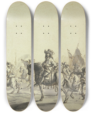 Triptych art skateboard deck of Pieter Wouwerman Reiterangriff Gegen Ein Stadttor by Pieter Wouwerman (1623-1682)