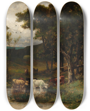 Triptych art skateboard deck of Edward Mitchell Bannister Untitled Landscape With Cows In Stream Near Trees by Edward Mitchell Bannister (1828-1901)