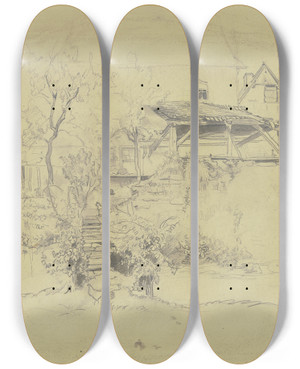 Triptych art skateboard deck of Jakob Frchtegott Dielmann Auf Einer Alten Mauer Ein Schuppen Eine Treppe Fhrt Hinauf Auf Der Eine Katze Sitzt Links Ein Bienenstand by Jakob Furchtegott Dielmann (1809-1885)