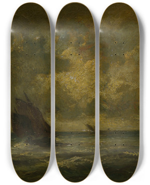 Triptych art skateboard deck of Jules Dupr Two Boats In A Storm by Jules Dupre (1811-1889)