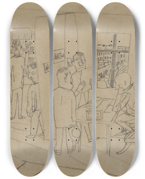 Triptych art skateboard deck of Max Beckmann Redaktionszimmer by Max Beckmann (1884-1950)
