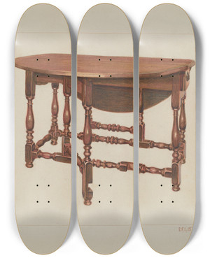 Triptych art skateboard deck of Ernest A Towers Jr Eight Leg Table With Drawer by Ernest A Towers Jr (20-)