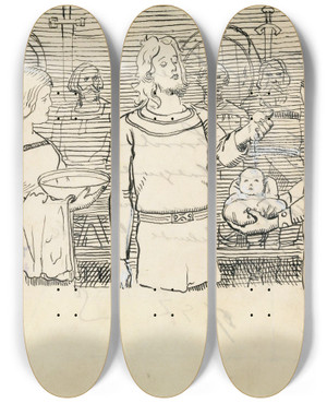 Triptych art skateboard deck of Christian Krohg Illustrasjon Til Hkon Den Godes Saga I Snorre Sturlason Kongesagaer Kristiania 1899 by Christian Krohg (1852-1925)