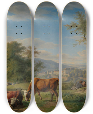Triptych art skateboard deck of Carl Kuntz Weidende Tiere In Landschaft Bei Badenbaden by Carl Kuntz (1770-1830)