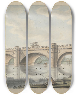 Triptych art skateboard deck of William Beilby Bridge At Alnwick Castle Northumberland by William Beilby (1740-1819)