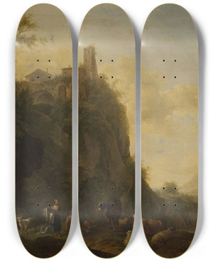 Triptych art skateboard deck of Joseph Roos Mountain Landscape With Cattle by Joseph Roos (1726-1805)