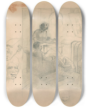 Triptych art skateboard deck of Armand Rassenfosse Man And Woman In Interior by Armand Rassenfosse (1862-1934)