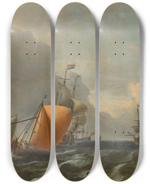Triptych art skateboard deck of Aernout Smit Dutch Men Owar On Choppy Waters by Aernout Smit (1640-1710)