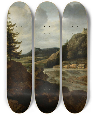 Triptych art skateboard deck of Allaert Van Everdingen A Mountainous River Landscape With Travellers by Allaert Van Everdingen (1621-1675)