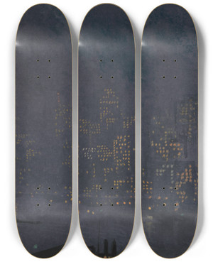 Triptych art skateboard deck of Joseph Pennell Skyscrapers At Night by Joseph Pennell (1857-1926) Triptych art skateboard deck of Joseph Pennell Skyscrapers At Night by Joseph Pennell (1857-1926)