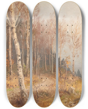 Triptych art skateboard deck of Hugo Mhlig Birch Forest by Hugo Muhlig (1854-1929)