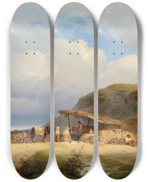 Triptych art skateboard deck of Ignaz Raffalt Resting At Noon by Ignaz Raffalt (1800-1857)