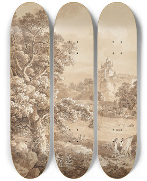 Triptych art skateboard deck of Adrian Zingg Fishermen On The River Zschopau By Kriebstein Castle Saxony by Adrian Zingg (1734-1816)