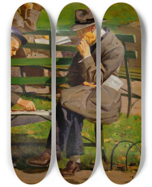 Triptych art skateboard deck of Worth Brehm Checkers In The Park by Worth Brehm (1883-1928)