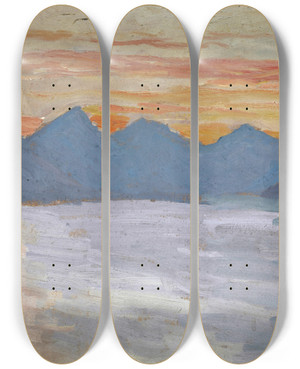 Triptych art skateboard deck of Ernst Schiess View On The Lake Of Lugano Toward The Mountains Of Porlezza Before Sunrise by Ernst Schiess (1872-1919)